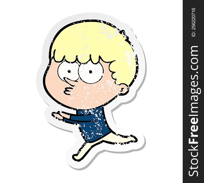 Distressed Sticker Of A Cartoon Curious Boy Running