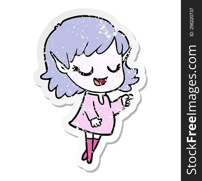 Distressed Sticker Of A Happy Cartoon Elf Girl Pointing