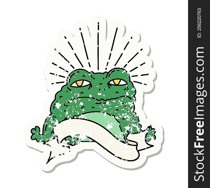 worn old sticker of a tattoo style toad character. worn old sticker of a tattoo style toad character