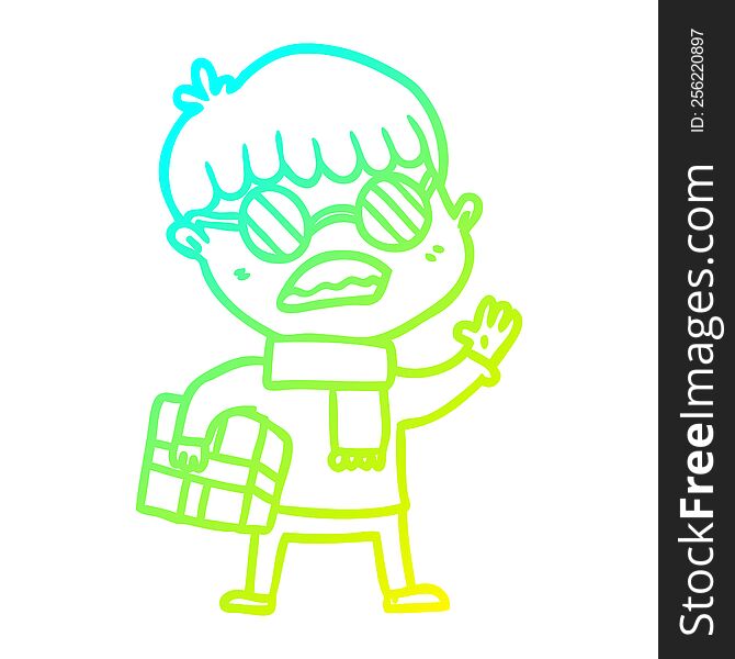 cold gradient line drawing of a cartoon boy holding gift and wearing spectacles