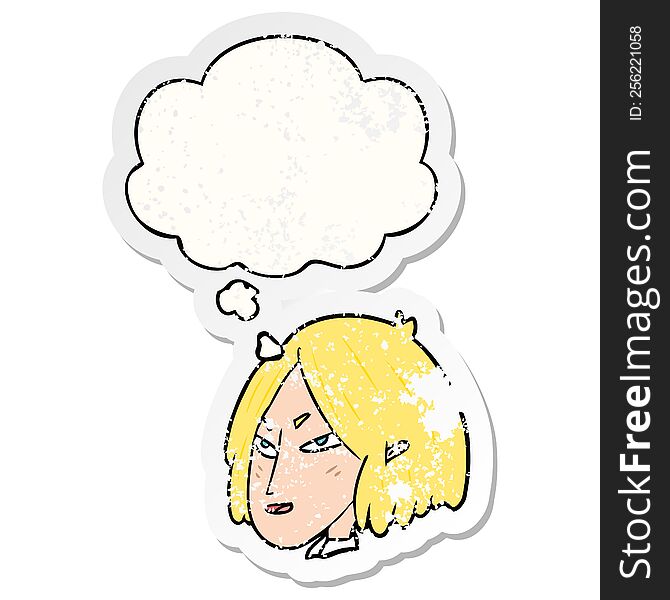 Cartoon Woman And Thought Bubble As A Distressed Worn Sticker