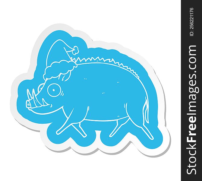cartoon  sticker of a wild boar wearing santa hat