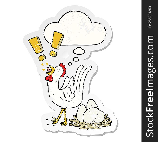 Cartoon Chicken Laying Egg And Thought Bubble As A Distressed Worn Sticker