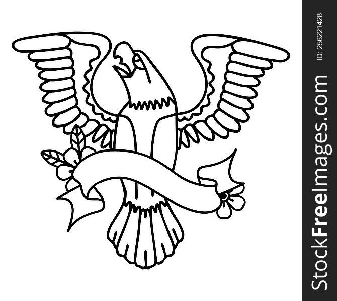 black linework tattoo with banner of an american eagle