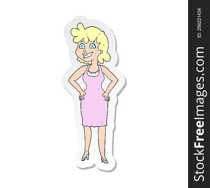 Sticker Of A Cartoon Happy Woman Wearing Dress