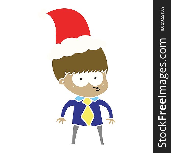 nervous flat color illustration of a boy wearing shirt and tie wearing santa hat