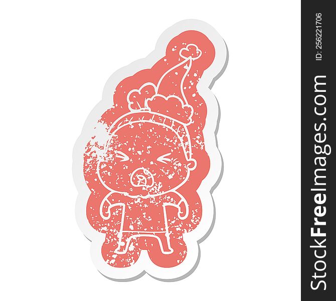 Cartoon Distressed Sticker Of A Angry Old Woman Wearing Santa Hat