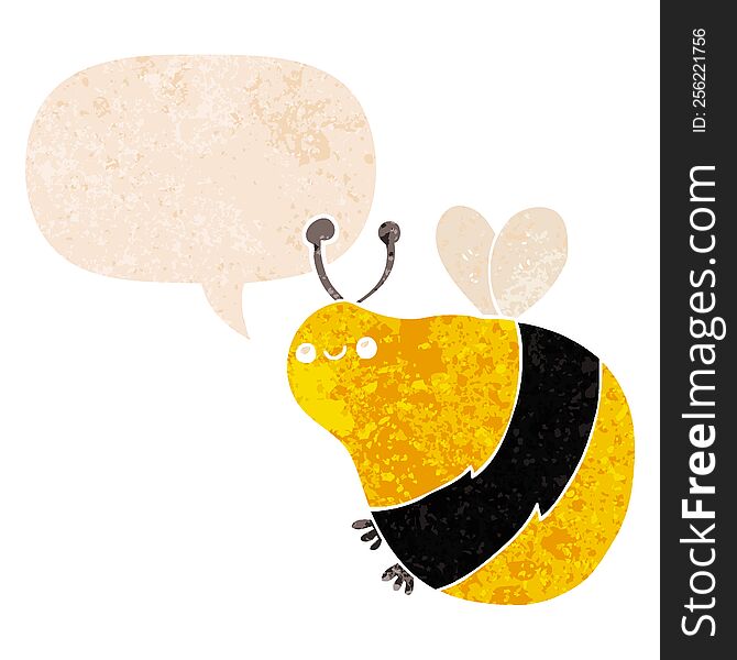 Cartoon Bee And Speech Bubble In Retro Textured Style