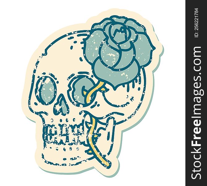 Distressed Sticker Tattoo Style Icon Of A Skull And Rose