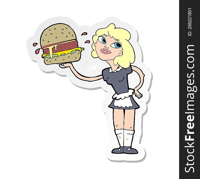 sticker of a cartoon waitress serving burger