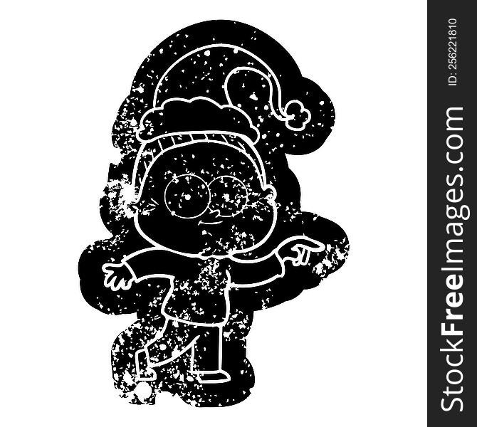 quirky cartoon distressed icon of a happy old woman wearing santa hat