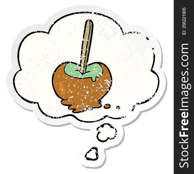 cartoon toffee apple with thought bubble as a distressed worn sticker