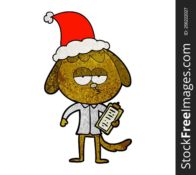 textured cartoon of a bored dog in office clothes wearing santa hat