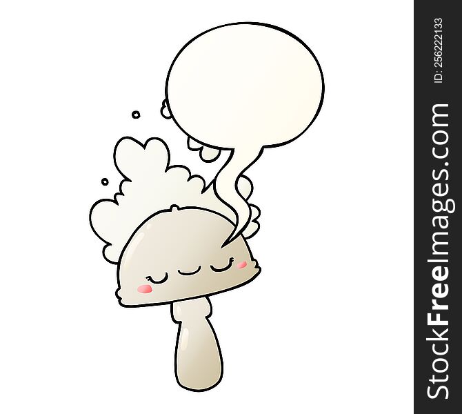 cartoon mushroom with spoor cloud with speech bubble in smooth gradient style. cartoon mushroom with spoor cloud with speech bubble in smooth gradient style