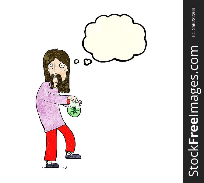 cartoon hippie man with bag of weed with thought bubble