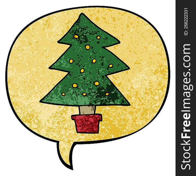 cartoon christmas tree and speech bubble in retro texture style