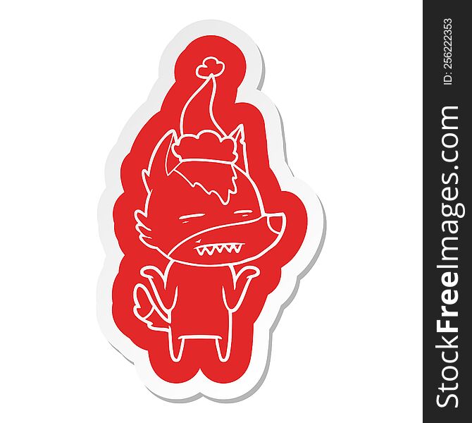 Cartoon  Sticker Of A Wolf Showing Teeth Wearing Santa Hat