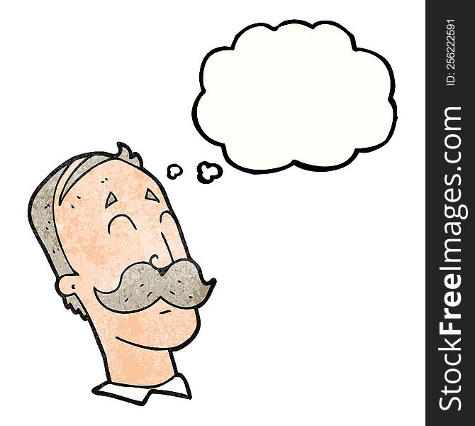 freehand drawn thought bubble textured cartoon ageing man with mustache