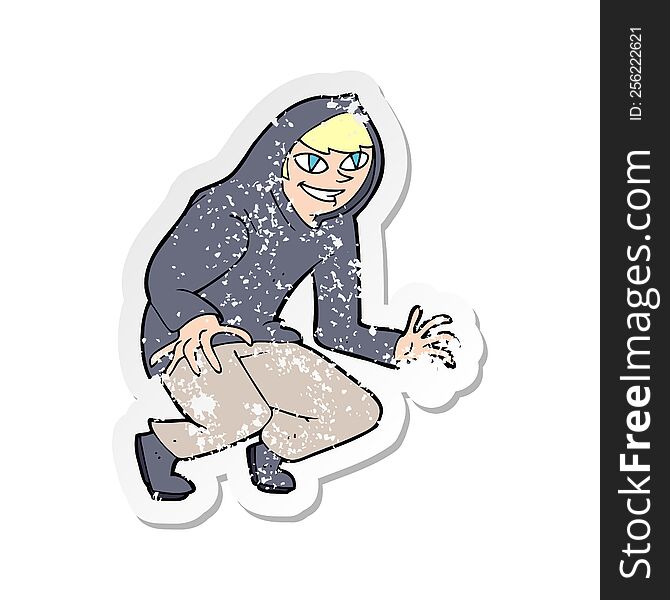retro distressed sticker of a cartoon mischievous boy in hooded top
