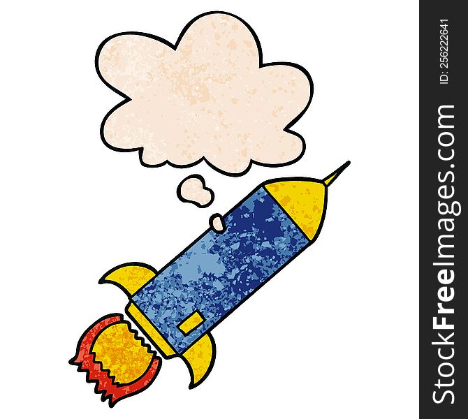Cartoon Rocket And Thought Bubble In Grunge Texture Pattern Style