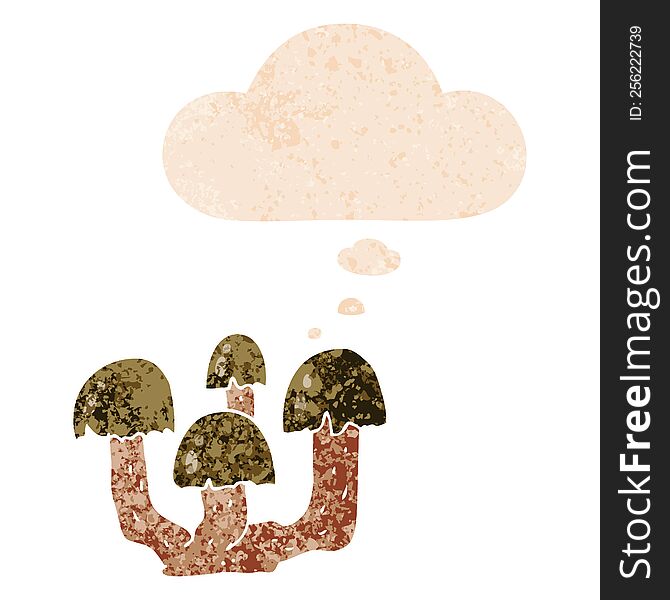 cartoon mushrooms with thought bubble in grunge distressed retro textured style. cartoon mushrooms with thought bubble in grunge distressed retro textured style