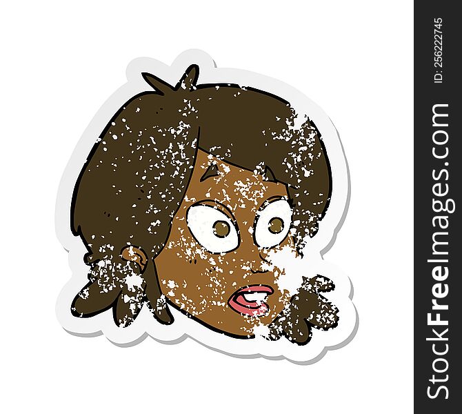 Retro Distressed Sticker Of A Cartoon Female Face With Surprised Expression