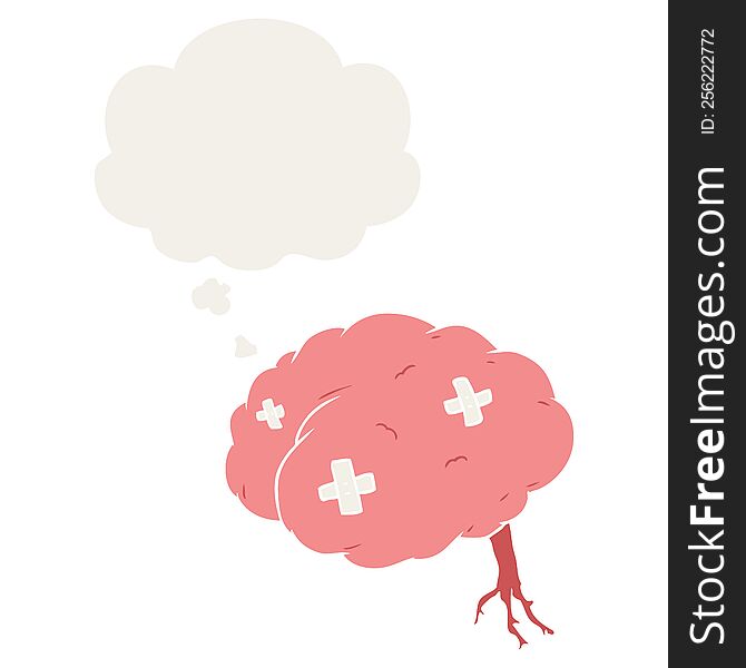 cartoon injured brain with thought bubble in retro style