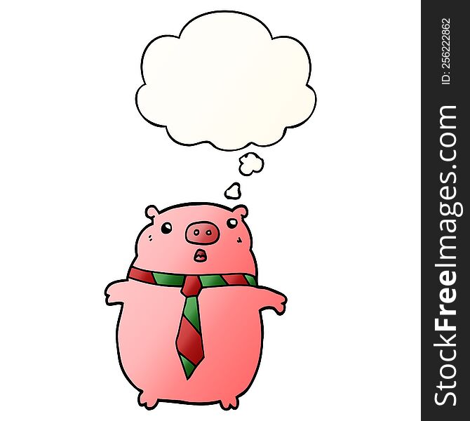 Cartoon Pig Wearing Office Tie And Thought Bubble In Smooth Gradient Style