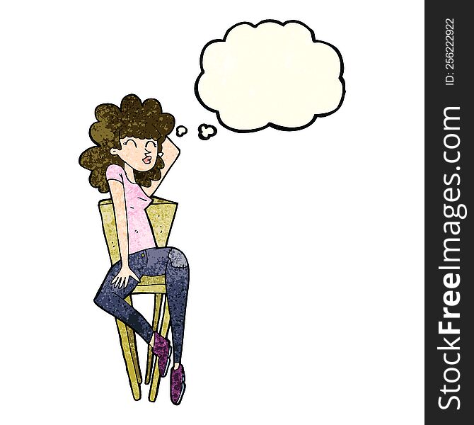 cartoon woman posing on chair with thought bubble