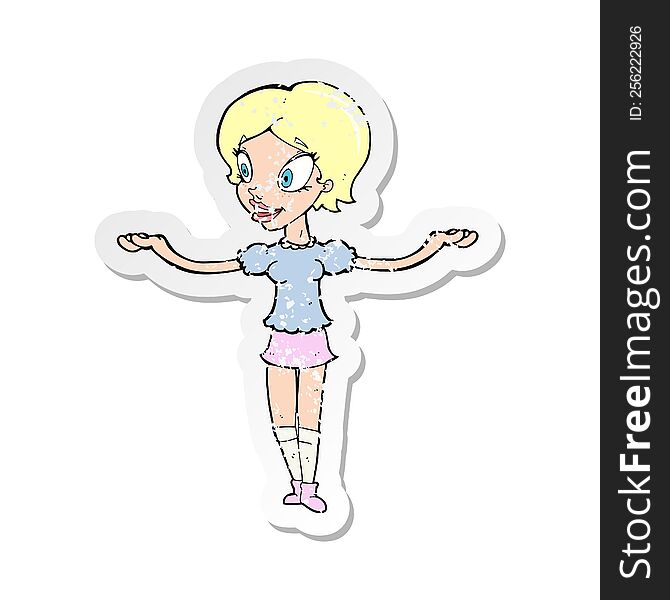 retro distressed sticker of a cartoon woman with arms spread wide