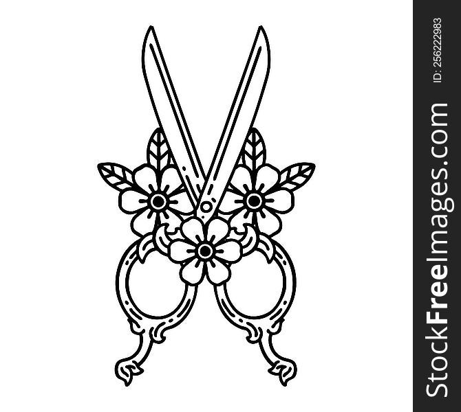 tattoo in black line style of barber scissors and flowers. tattoo in black line style of barber scissors and flowers