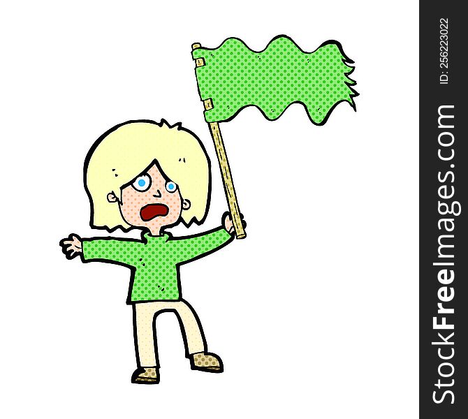 Cartoon Woman Waving Green Flag