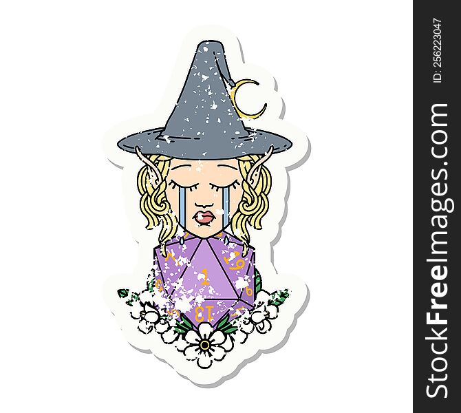 grunge sticker of a crying elf witch with natural one D20 roll. grunge sticker of a crying elf witch with natural one D20 roll