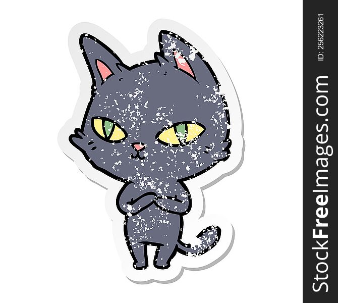 Distressed Sticker Of A Cartoon Cat Staring