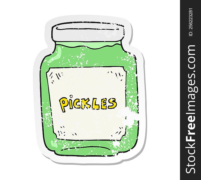 retro distressed sticker of a cartoon pickle jar