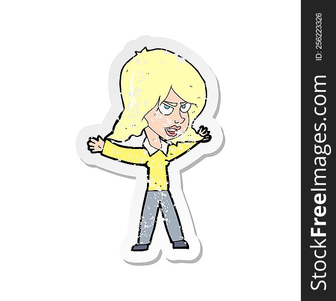 retro distressed sticker of a cartoon woman gesturing