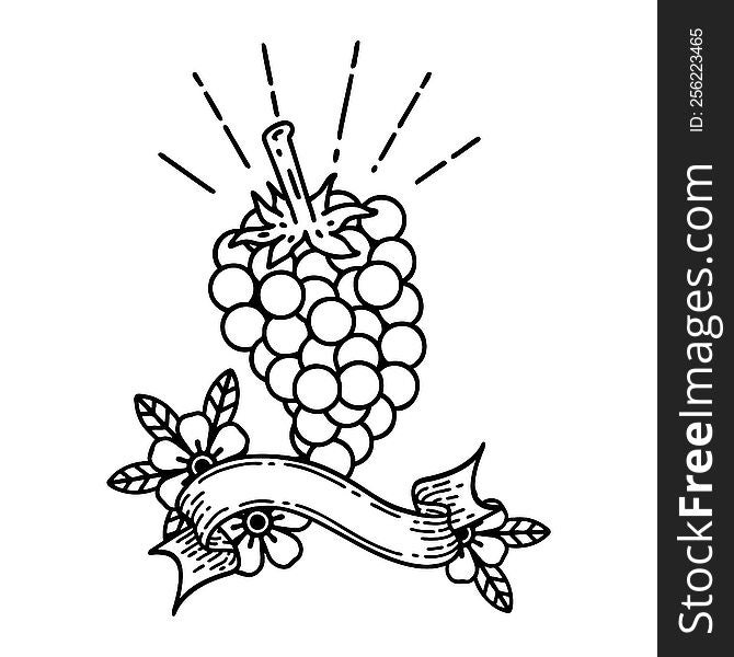 scroll banner with black line work tattoo style bunch of grapes