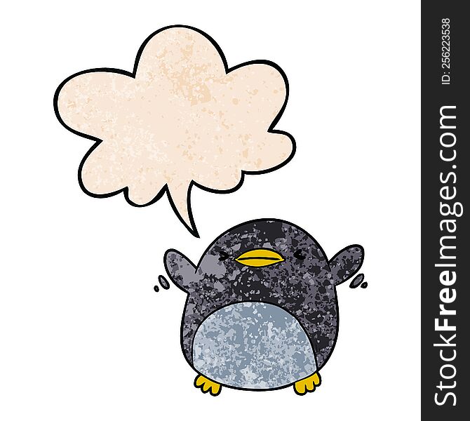 cute cartoon penguin flapping wings with speech bubble in retro texture style