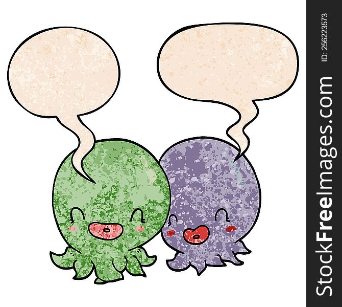 two cartoon octopi  with speech bubble in retro texture style