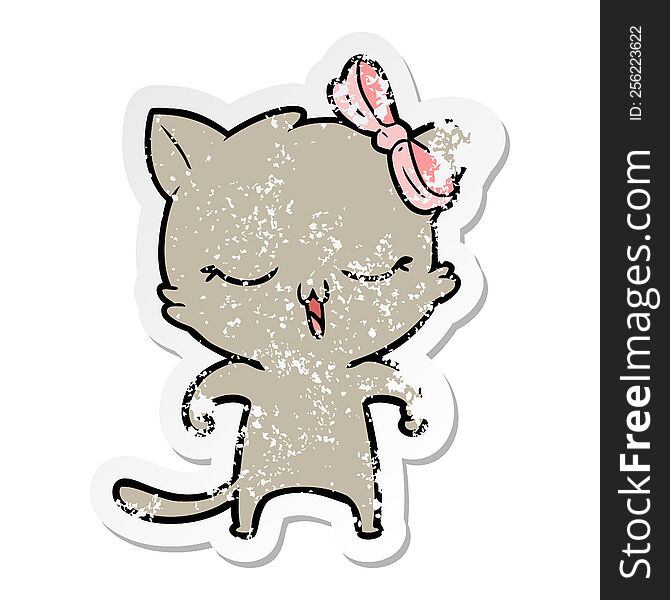 Distressed Sticker Of A Cartoon Cat With Bow On Head