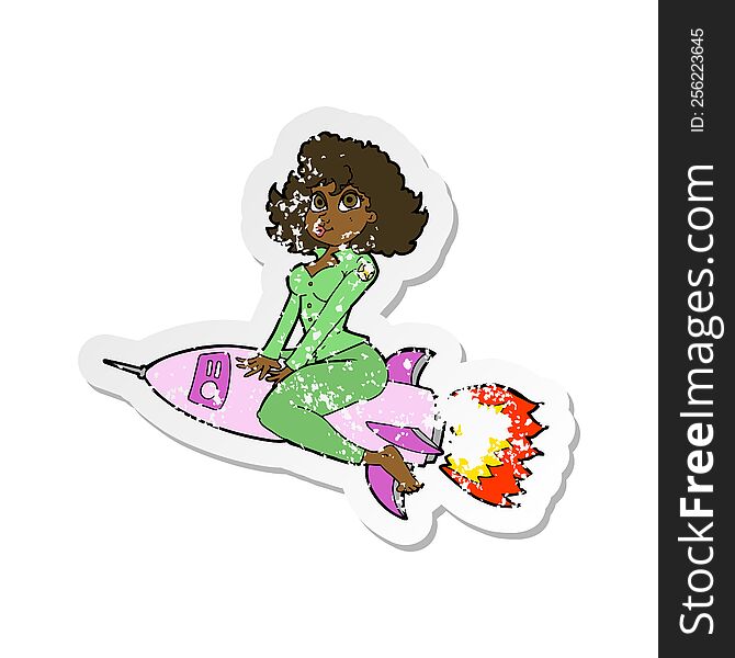 Retro Distressed Sticker Of A Cartoon Army Pin Up Girl Riding Missile