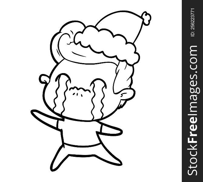 hand drawn line drawing of a man crying wearing santa hat