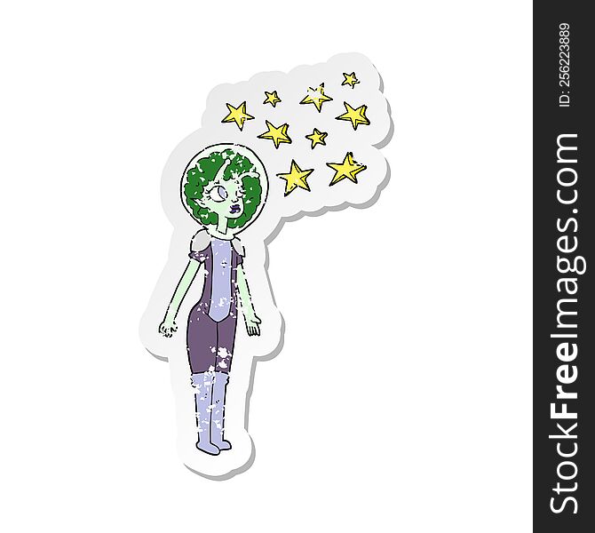 retro distressed sticker of a cartoon alien space girl