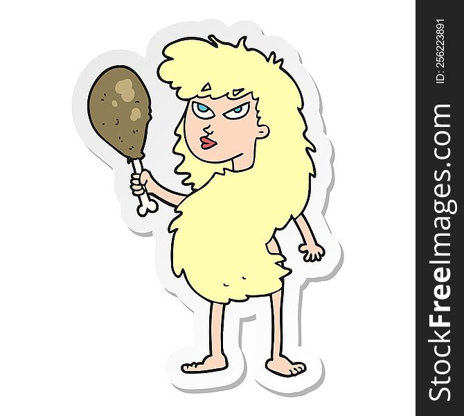 sticker of a cartoon cavewoman with meat