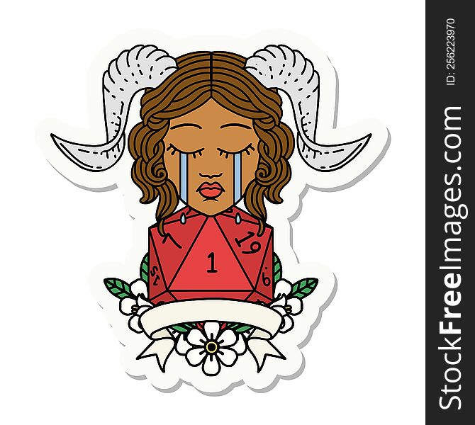 sticker of a crying tiefling with natural one D20 dice roll. sticker of a crying tiefling with natural one D20 dice roll