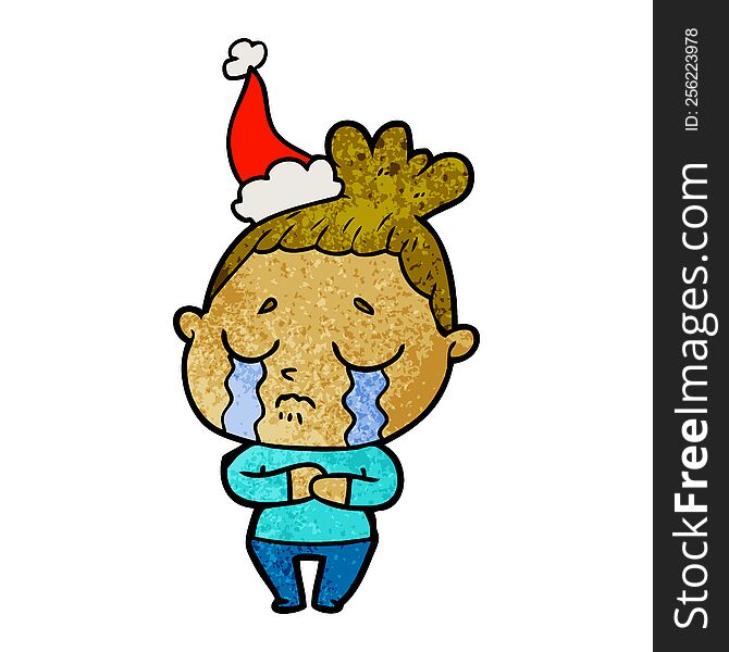 hand drawn textured cartoon of a crying woman wearing santa hat