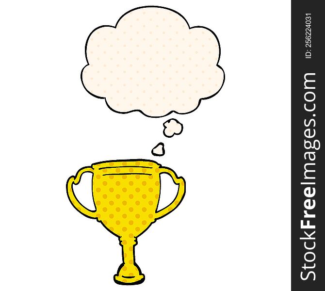 cartoon sports trophy with thought bubble in comic book style