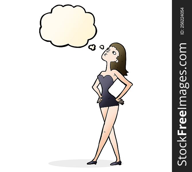 cartoon woman in party dress with thought bubble
