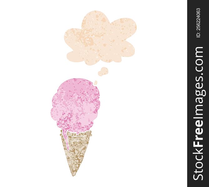 cartoon ice cream with thought bubble in grunge distressed retro textured style. cartoon ice cream with thought bubble in grunge distressed retro textured style