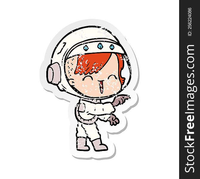 distressed sticker of a cartoon astronaut girl pointing and laughing